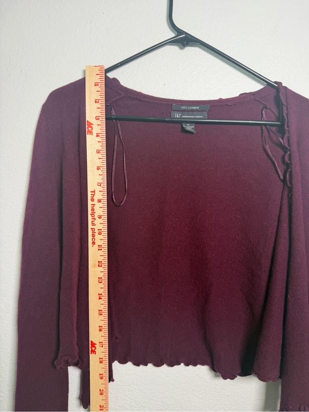 FLAWED INC International Concepts 100% Cashmere Burgundy Ruffle-Trim Cardigan - Picture 6 of 7